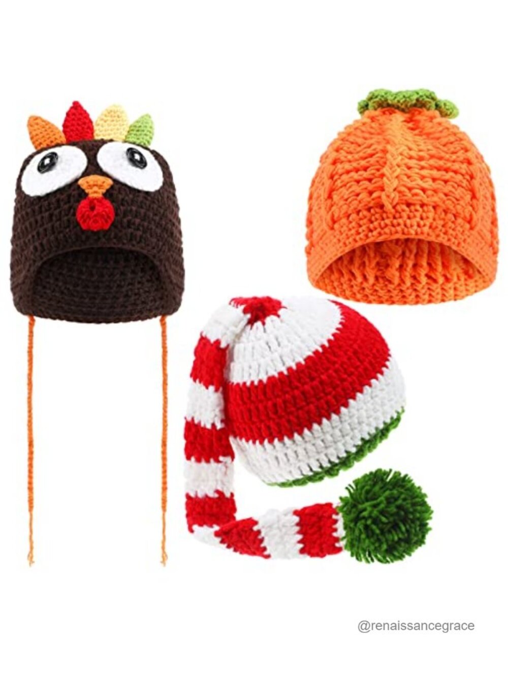 Baby Crochet Beanie Set 3-Piece Pumpkin Turkey Long Tail Hat Knit Winter